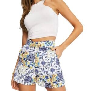 Never Fully Dressed Amalfi Tile Print High Rise Shorts Blue Yellow Boho Size 18